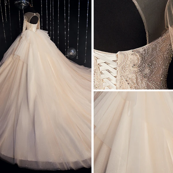Luxury / Gorgeous Champagne Bridal Wedding Dresses 2020 Ball Gown See-through Scoop Neck Long Sleeve Backless Beading Glitter Tulle Cathedral Train Ruffle