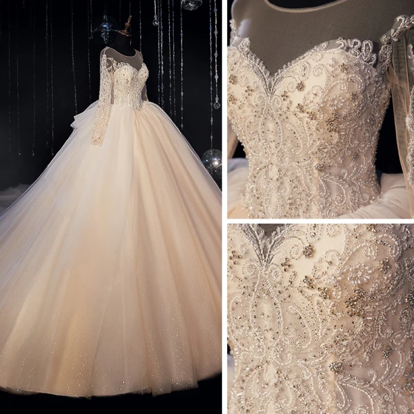 Luxury / Gorgeous Champagne Bridal Wedding Dresses 2020 Ball Gown See-through Scoop Neck Long Sleeve Backless Beading Glitter Tulle Cathedral Train Ruffle