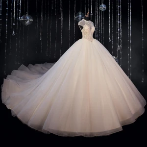 Luxury Gorgeous Ivory Bridal Wedding Dresses 2020 Ball Gown See Through High Neck Sleeveless Backless Beading Glitter Tulle Cathedral Train Ruffle