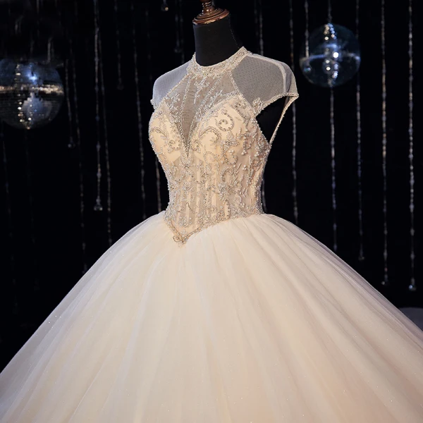 Luxury / Gorgeous Ivory Bridal Wedding Dresses 2020 Ball Gown See-through High Neck Sleeveless Backless Beading Glitter Tulle Cathedral Train Ruffle