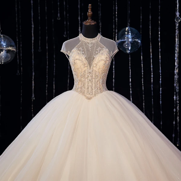 Luxury / Gorgeous Ivory Bridal Wedding Dresses 2020 Ball Gown See-through High Neck Sleeveless Backless Beading Glitter Tulle Cathedral Train Ruffle