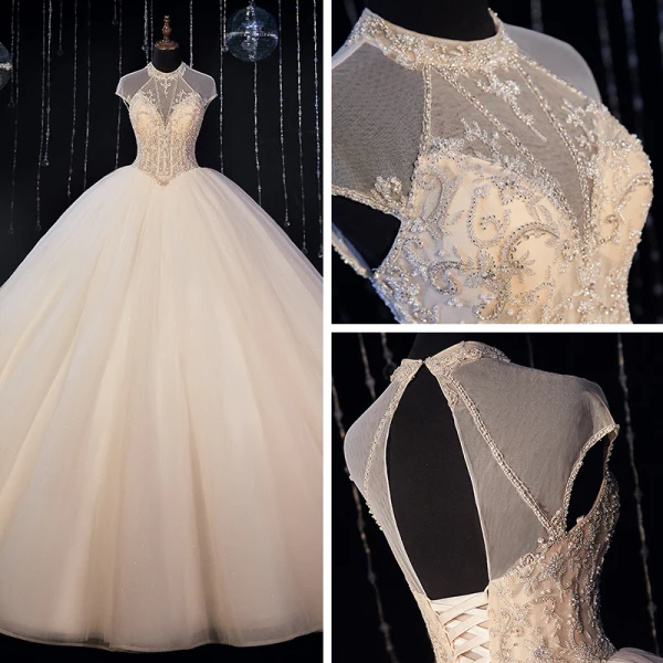 Luxury / Gorgeous Ivory Bridal Wedding Dresses 2020 Ball Gown See-through High Neck Sleeveless Backless Beading Glitter Tulle Cathedral Train Ruffle