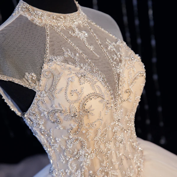 Luxury / Gorgeous Ivory Bridal Wedding Dresses 2020 Ball Gown See-through High Neck Sleeveless Backless Beading Glitter Tulle Cathedral Train Ruffle