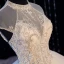 Luxury / Gorgeous Ivory Bridal Wedding Dresses 2020 Ball Gown See-through High Neck Sleeveless Backless Beading Glitter Tulle Cathedral Train Ruffle
