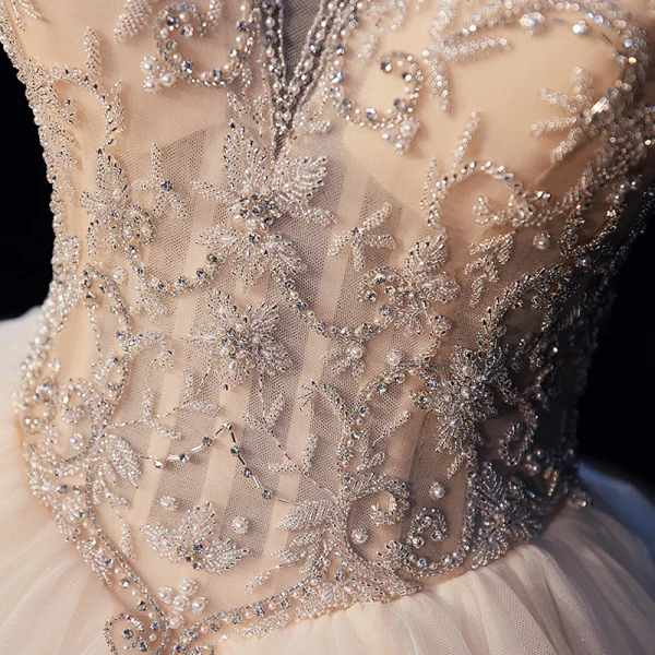Luxury / Gorgeous Ivory Bridal Wedding Dresses 2020 Ball Gown See-through High Neck Sleeveless Backless Beading Glitter Tulle Cathedral Train Ruffle