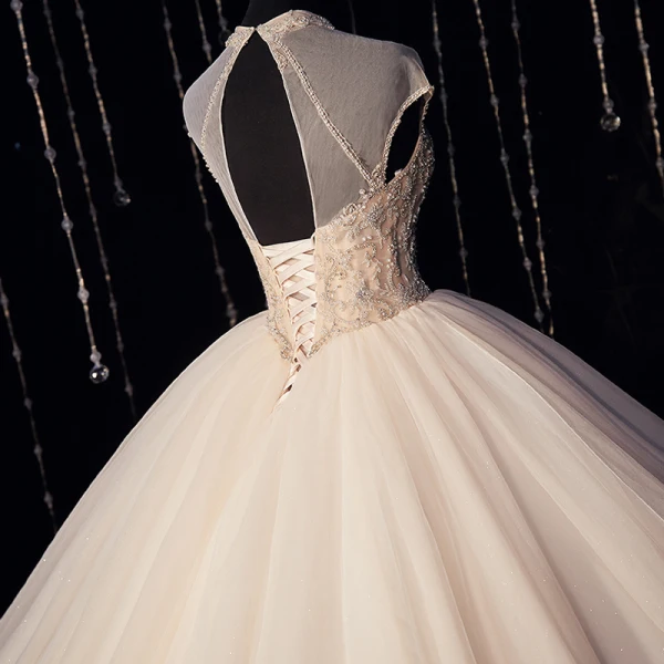 Luxury / Gorgeous Ivory Bridal Wedding Dresses 2020 Ball Gown See-through High Neck Sleeveless Backless Beading Glitter Tulle Cathedral Train Ruffle
