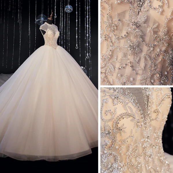 Luxury / Gorgeous Ivory Bridal Wedding Dresses 2020 Ball Gown See-through High Neck Sleeveless Backless Beading Glitter Tulle Cathedral Train Ruffle