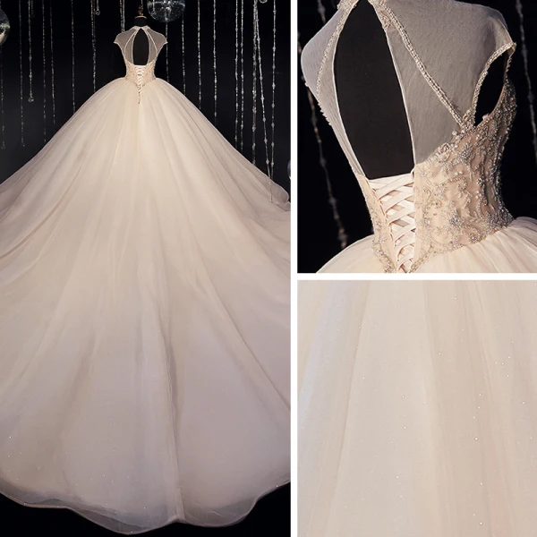 Luxury / Gorgeous Ivory Bridal Wedding Dresses 2020 Ball Gown See-through High Neck Sleeveless Backless Beading Glitter Tulle Cathedral Train Ruffle