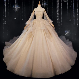 Viktoriansk Stil Champagne Bryllups Brudekjoler 2020 Ballkjole Av Skulderen Puffy Langermede Ryggløse Appliques Blonder Beading Glitter Tyll Cathedral Train Buste