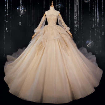 Victorian Style Champagne Bridal Wedding Dresses 2020 Ball Gown Off The Shoulder Puffy Long Sleeve Backless Appliques Lace Beading Glitter Tulle Cathedral Train Ruffle