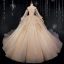 Victorian Style Champagne Bridal Wedding Dresses 2020 Ball Gown Off-The-Shoulder Puffy Long Sleeve Backless Appliques Lace Beading Glitter Tulle Cathedral Train Ruffle