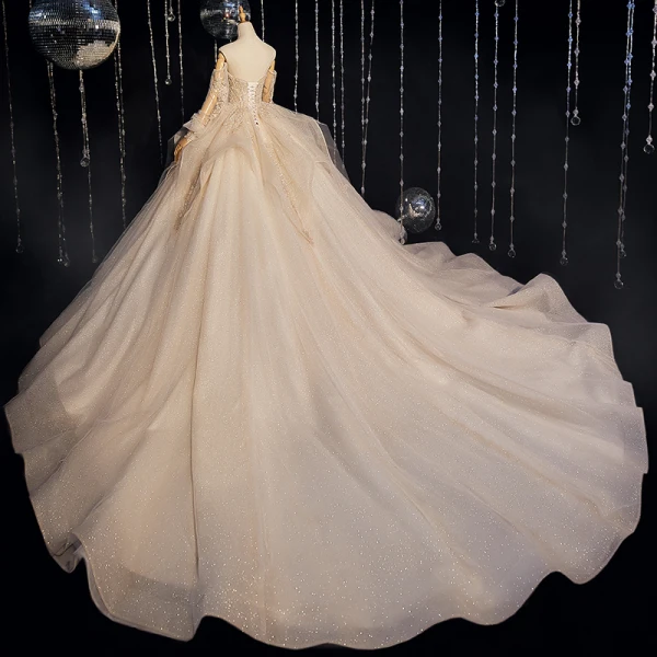 Victorian Style Champagne Bridal Wedding Dresses 2020 Ball Gown Off-The-Shoulder Puffy Long Sleeve Backless Appliques Lace Beading Glitter Tulle Cathedral Train Ruffle