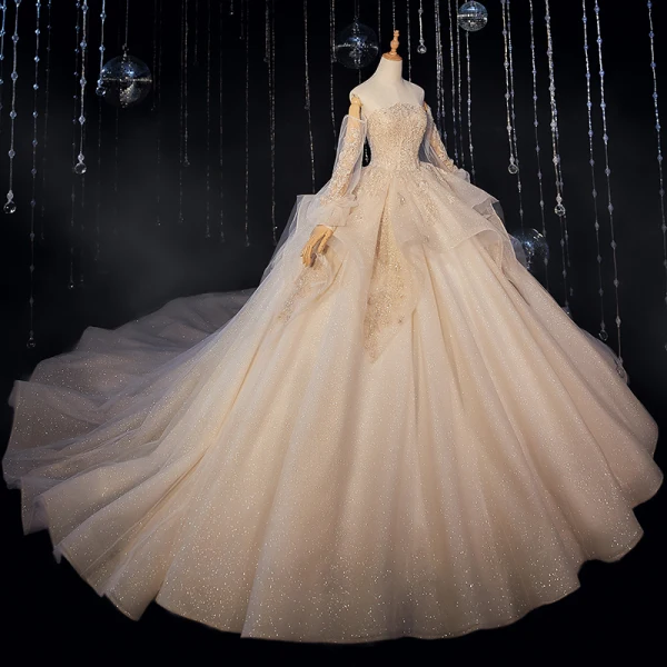 Victorian Style Champagne Bridal Wedding Dresses 2020 Ball Gown Off-The-Shoulder Puffy Long Sleeve Backless Appliques Lace Beading Glitter Tulle Cathedral Train Ruffle