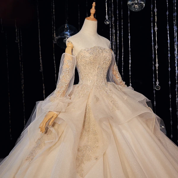 Victorian Style Champagne Bridal Wedding Dresses 2020 Ball Gown Off-The-Shoulder Puffy Long Sleeve Backless Appliques Lace Beading Glitter Tulle Cathedral Train Ruffle