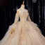 Victorian Style Champagne Bridal Wedding Dresses 2020 Ball Gown Off-The-Shoulder Puffy Long Sleeve Backless Appliques Lace Beading Glitter Tulle Cathedral Train Ruffle