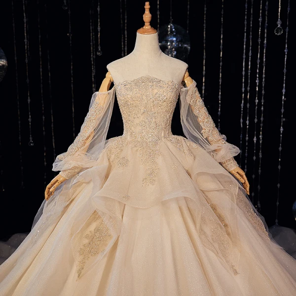 Victorian Style Champagne Bridal Wedding Dresses 2020 Ball Gown Off-The-Shoulder Puffy Long Sleeve Backless Appliques Lace Beading Glitter Tulle Cathedral Train Ruffle