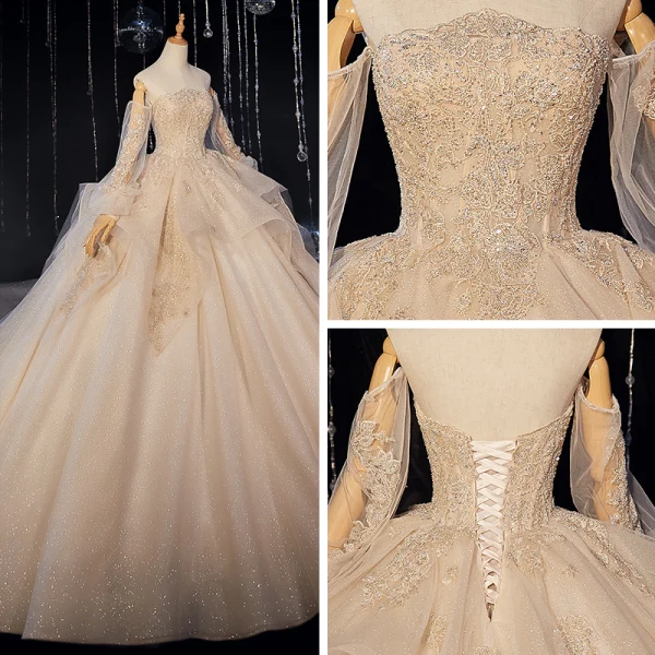 Victorian Style Champagne Bridal Wedding Dresses 2020 Ball Gown Off-The-Shoulder Puffy Long Sleeve Backless Appliques Lace Beading Glitter Tulle Cathedral Train Ruffle