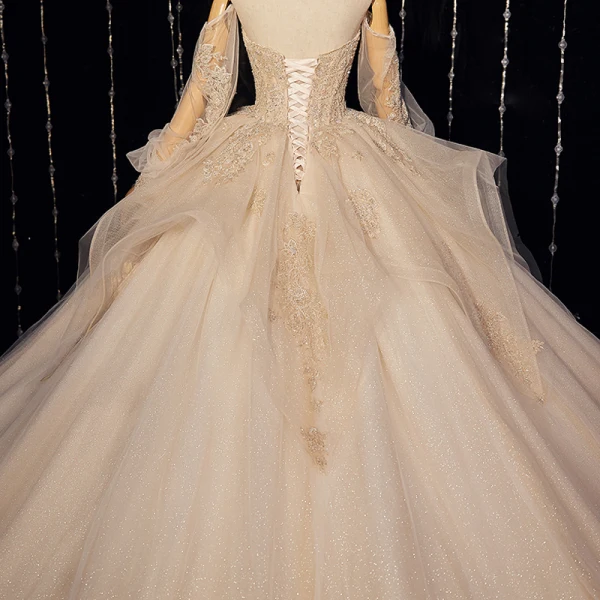 Victorian Style Champagne Bridal Wedding Dresses 2020 Ball Gown Off-The-Shoulder Puffy Long Sleeve Backless Appliques Lace Beading Glitter Tulle Cathedral Train Ruffle