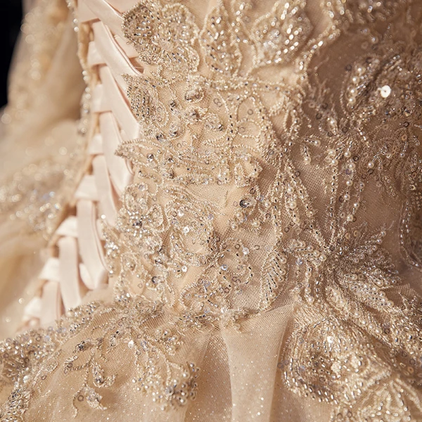 Victorian Style Champagne Bridal Wedding Dresses 2020 Ball Gown Off-The-Shoulder Puffy Long Sleeve Backless Appliques Lace Beading Glitter Tulle Cathedral Train Ruffle