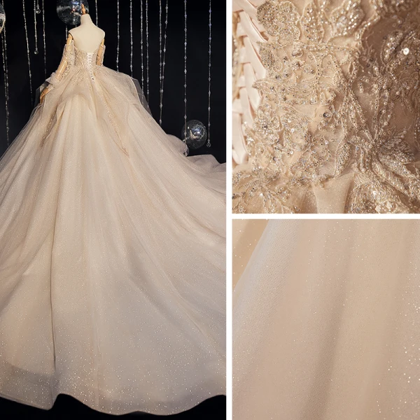 Victorian Style Champagne Bridal Wedding Dresses 2020 Ball Gown Off-The-Shoulder Puffy Long Sleeve Backless Appliques Lace Beading Glitter Tulle Cathedral Train Ruffle