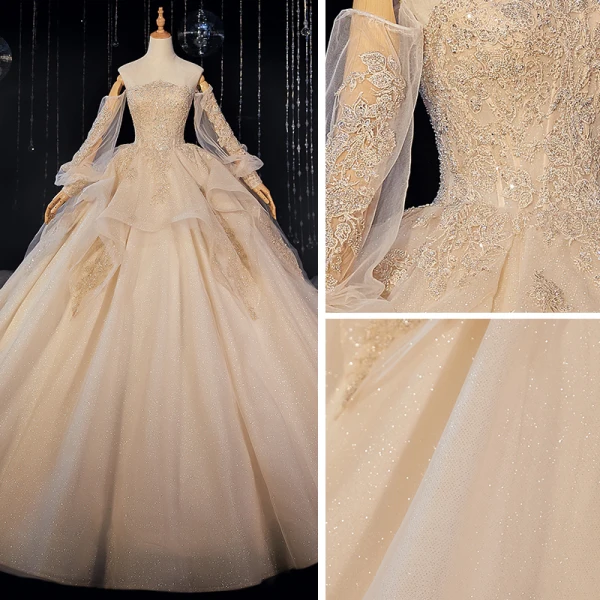 Victorian Style Champagne Bridal Wedding Dresses 2020 Ball Gown Off-The-Shoulder Puffy Long Sleeve Backless Appliques Lace Beading Glitter Tulle Cathedral Train Ruffle
