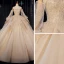 Victorian Style Champagne Bridal Wedding Dresses 2020 Ball Gown Off-The-Shoulder Puffy Long Sleeve Backless Appliques Lace Beading Glitter Tulle Cathedral Train Ruffle