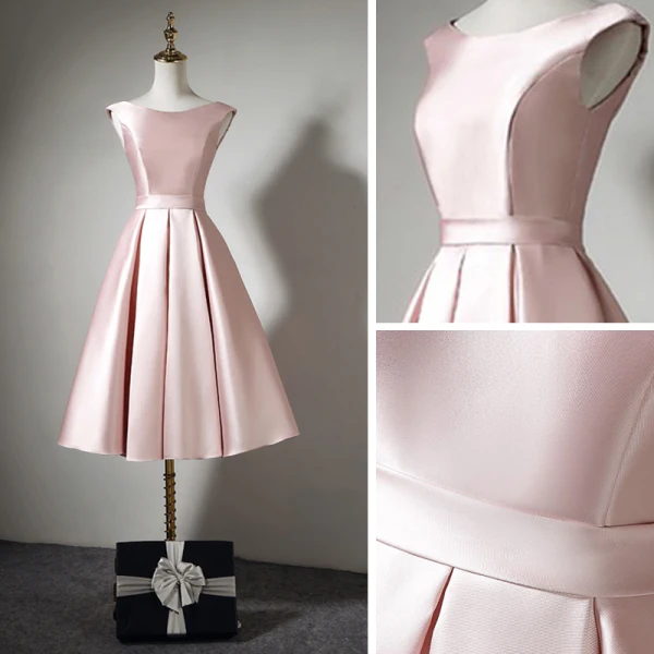 Simple Rose Bonbon Satin de retour Robe De Graduation 2020 Princesse De l'épaule Manches Courtes Ceinture Mi-Longues Volants Dos Nu Robe De Ceremonie
