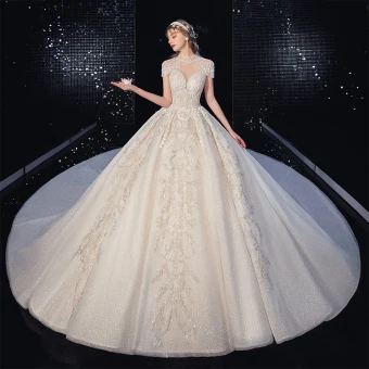 Vintage Retro Champagne See Through Bridal Wedding Dresses 2020 Ball Gown High Neck Short Sleeve Backless Appliques Lace Beading Tassel Glitter Tulle Royal Train Ruffle