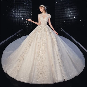 Vintage Retro Champagne See Through Bridal Wedding Dresses 2020 Ball Gown High Neck Short Sleeve Backless Appliques Lace Beading Tassel Glitter Tulle Royal Train Ruffle
