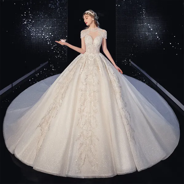 Vintage / Retro Champagne See-through Bridal Wedding Dresses 2020 Ball Gown High Neck Short Sleeve Backless Appliques Lace Beading Tassel Glitter Tulle Royal Train Ruffle
