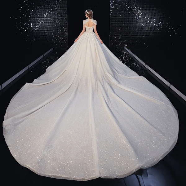 Vintage / Retro Champagne See-through Bridal Wedding Dresses 2020 Ball Gown High Neck Short Sleeve Backless Appliques Lace Beading Tassel Glitter Tulle Royal Train Ruffle