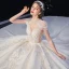 Vintage / Retro Champagne See-through Bridal Wedding Dresses 2020 Ball Gown High Neck Short Sleeve Backless Appliques Lace Beading Tassel Glitter Tulle Royal Train Ruffle