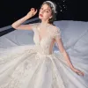 Vintage / Retro Champagne See-through Bridal Wedding Dresses 2020 Ball Gown High Neck Short Sleeve Backless Appliques Lace Beading Tassel Glitter Tulle Royal Train Ruffle