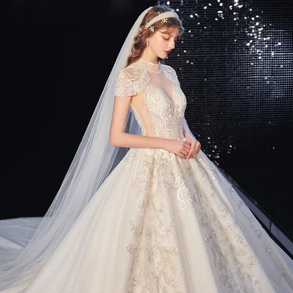 Vintage / Retro Champagne See-through Bridal Wedding Dresses 2020 Ball Gown High Neck Short Sleeve Backless Appliques Lace Beading Tassel Glitter Tulle Royal Train Ruffle