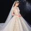 Vintage / Retro Champagne See-through Bridal Wedding Dresses 2020 Ball Gown High Neck Short Sleeve Backless Appliques Lace Beading Tassel Glitter Tulle Royal Train Ruffle