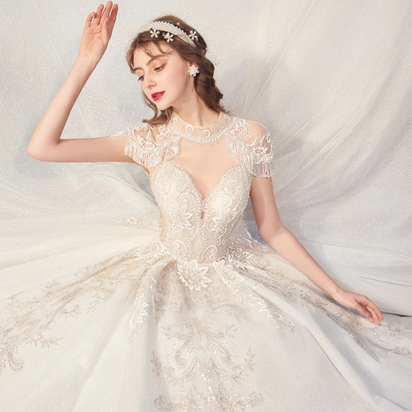 Vintage / Retro Champagne See-through Bridal Wedding Dresses 2020 Ball Gown High Neck Short Sleeve Backless Appliques Lace Beading Tassel Glitter Tulle Royal Train Ruffle