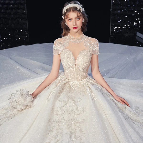 Vintage / Retro Champagne See-through Bridal Wedding Dresses 2020 Ball Gown High Neck Short Sleeve Backless Appliques Lace Beading Tassel Glitter Tulle Royal Train Ruffle