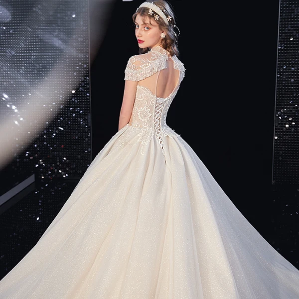 Vintage / Retro Champagne See-through Bridal Wedding Dresses 2020 Ball Gown High Neck Short Sleeve Backless Appliques Lace Beading Tassel Glitter Tulle Royal Train Ruffle