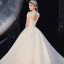 Vintage / Retro Champagne See-through Bridal Wedding Dresses 2020 Ball Gown High Neck Short Sleeve Backless Appliques Lace Beading Tassel Glitter Tulle Royal Train Ruffle