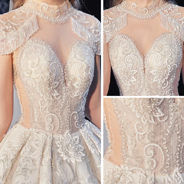 Vintage / Retro Champagne See-through Bridal Wedding Dresses 2020 Ball Gown High Neck Short Sleeve Backless Appliques Lace Beading Tassel Glitter Tulle Royal Train Ruffle