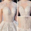Vintage / Retro Champagne See-through Bridal Wedding Dresses 2020 Ball Gown High Neck Short Sleeve Backless Appliques Lace Beading Tassel Glitter Tulle Royal Train Ruffle