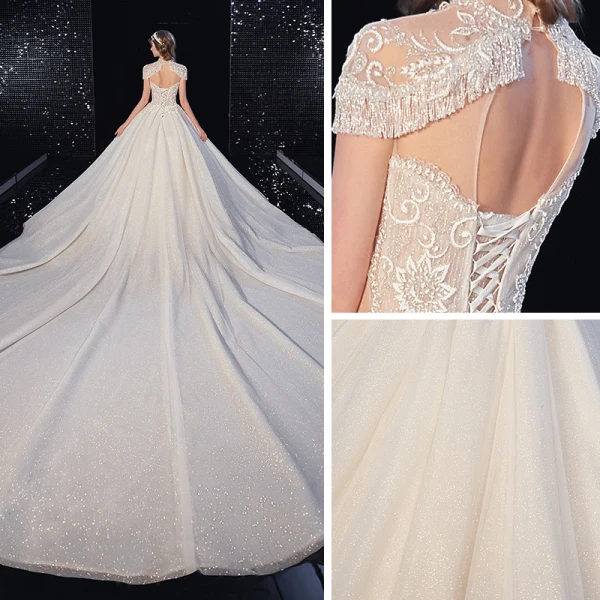 Vintage / Retro Champagne See-through Bridal Wedding Dresses 2020 Ball Gown High Neck Short Sleeve Backless Appliques Lace Beading Tassel Glitter Tulle Royal Train Ruffle