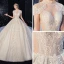 Vintage / Retro Champagne See-through Bridal Wedding Dresses 2020 Ball Gown High Neck Short Sleeve Backless Appliques Lace Beading Tassel Glitter Tulle Royal Train Ruffle