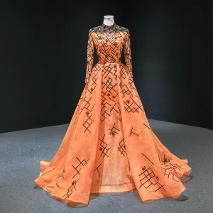 Luksus Orange Rødt Teppe Selskapskjoler 2020 Prinsesse Høy Hals Langermede Appliques Paljetter Beading Feie Tog Buste Formelle Kjoler