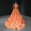 Luxus / Herrlich Orange Roter Teppich Abendkleider 2020 A Linie Stehkragen Lange Ärmel Applikationen Pailletten Perlenstickerei Sweep / Pinsel Zug Rüschen Festliche Kleider