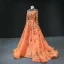Luxus / Herrlich Orange Roter Teppich Abendkleider 2020 A Linie Stehkragen Lange Ärmel Applikationen Pailletten Perlenstickerei Sweep / Pinsel Zug Rüschen Festliche Kleider