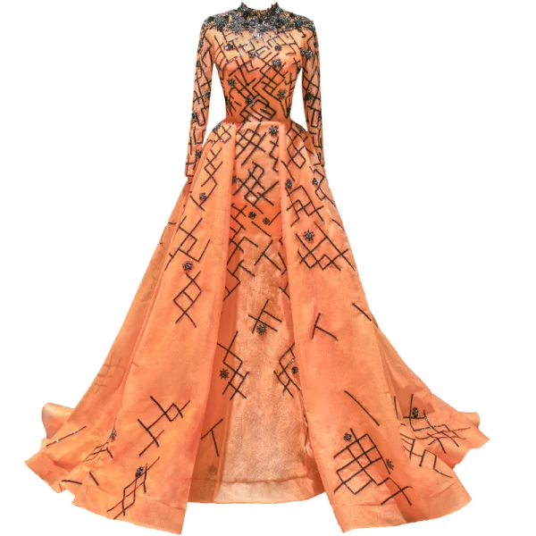 Luxus / Herrlich Orange Roter Teppich Abendkleider 2020 A Linie Stehkragen Lange Ärmel Applikationen Pailletten Perlenstickerei Sweep / Pinsel Zug Rüschen Festliche Kleider