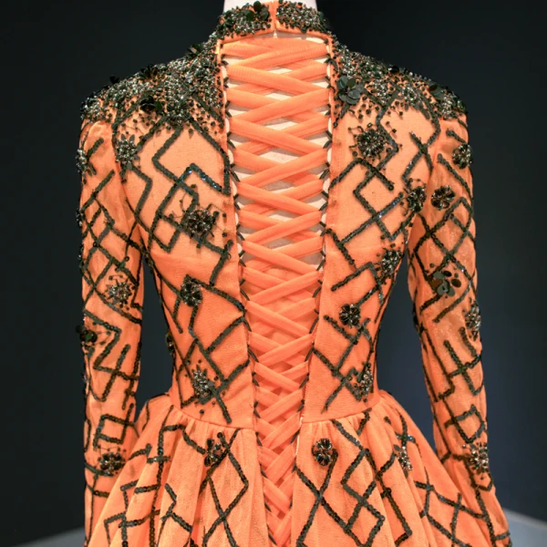 Luxus / Herrlich Orange Roter Teppich Abendkleider 2020 A Linie Stehkragen Lange Ärmel Applikationen Pailletten Perlenstickerei Sweep / Pinsel Zug Rüschen Festliche Kleider