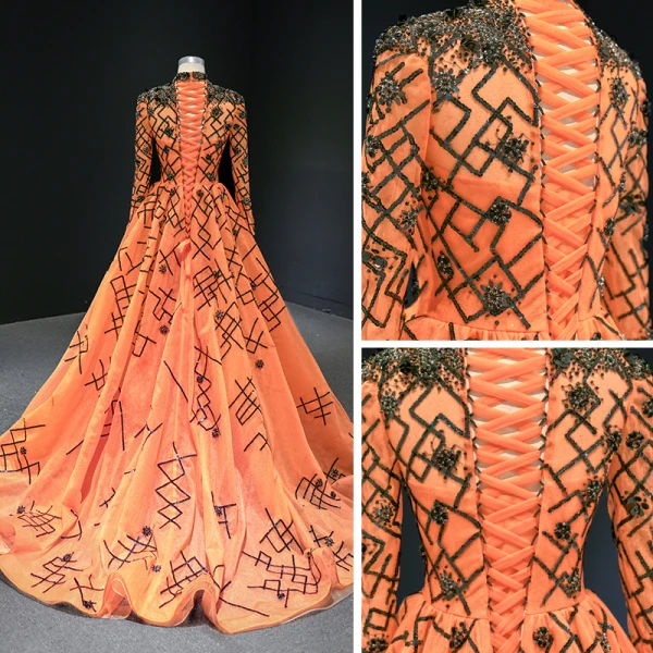 Luxus / Herrlich Orange Roter Teppich Abendkleider 2020 A Linie Stehkragen Lange Ärmel Applikationen Pailletten Perlenstickerei Sweep / Pinsel Zug Rüschen Festliche Kleider
