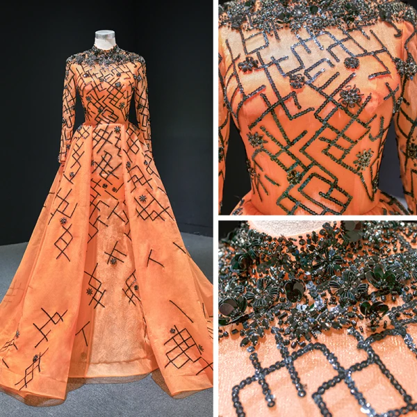 Luxus / Herrlich Orange Roter Teppich Abendkleider 2020 A Linie Stehkragen Lange Ärmel Applikationen Pailletten Perlenstickerei Sweep / Pinsel Zug Rüschen Festliche Kleider